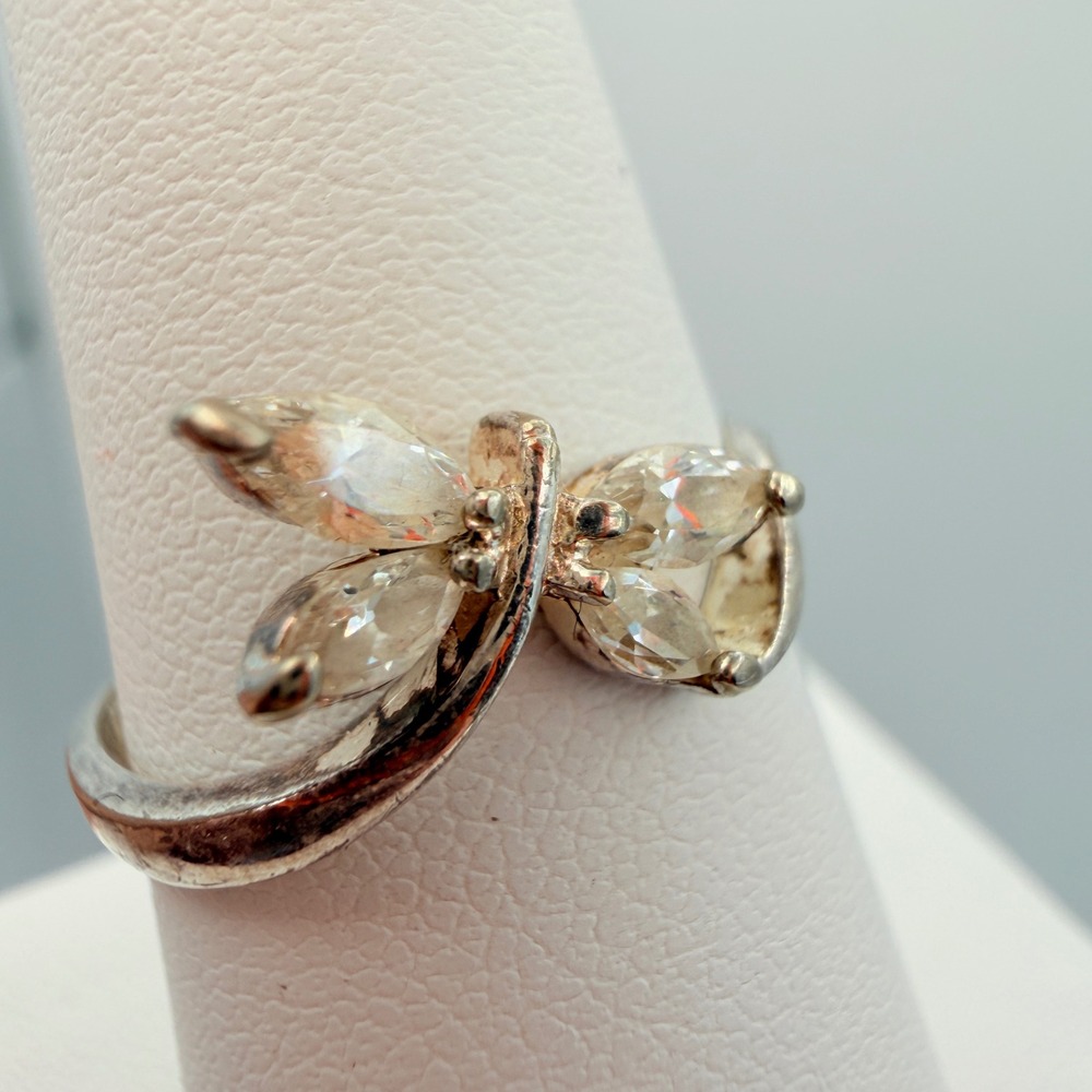 Vintage 925 Sterling Silver Butterfly Ring Clear Rhinestone